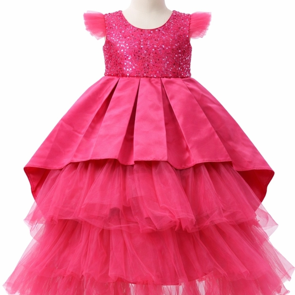 Girls' Party Dress, Fuchsia Pink with Sequins and Tulle | Size 7Y | Elegant Prin
